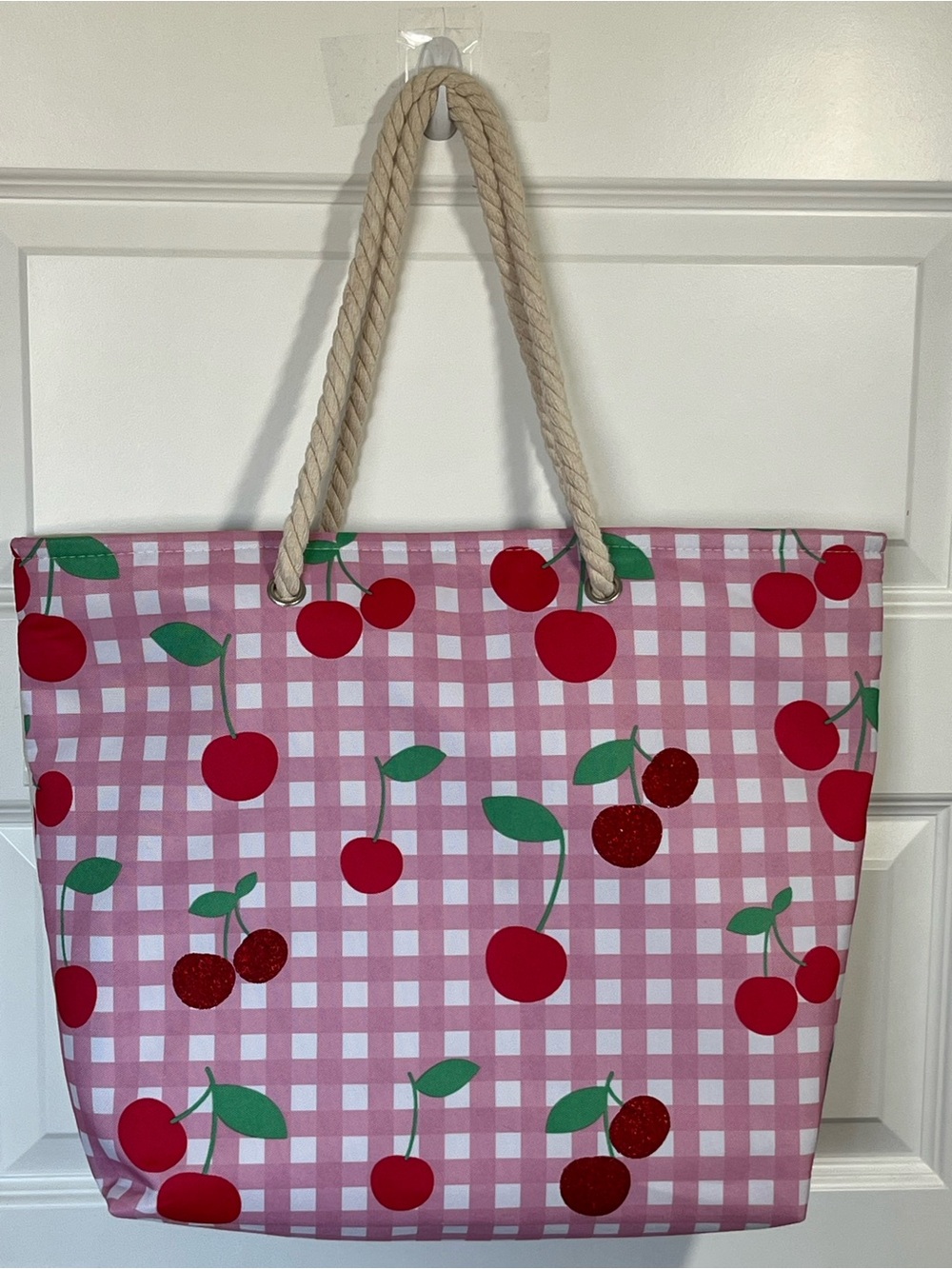 Cherry Gingham Tote Bag Pink Coquette Beach Picnic Rope Handle Tote